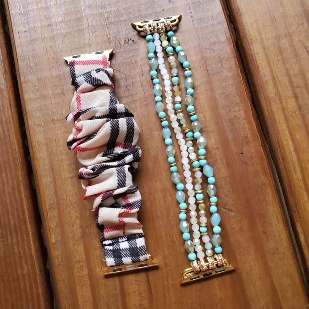 New Set Of 2 Iphone apple watch bands - sparkly blue beaded and plaid scrunchie